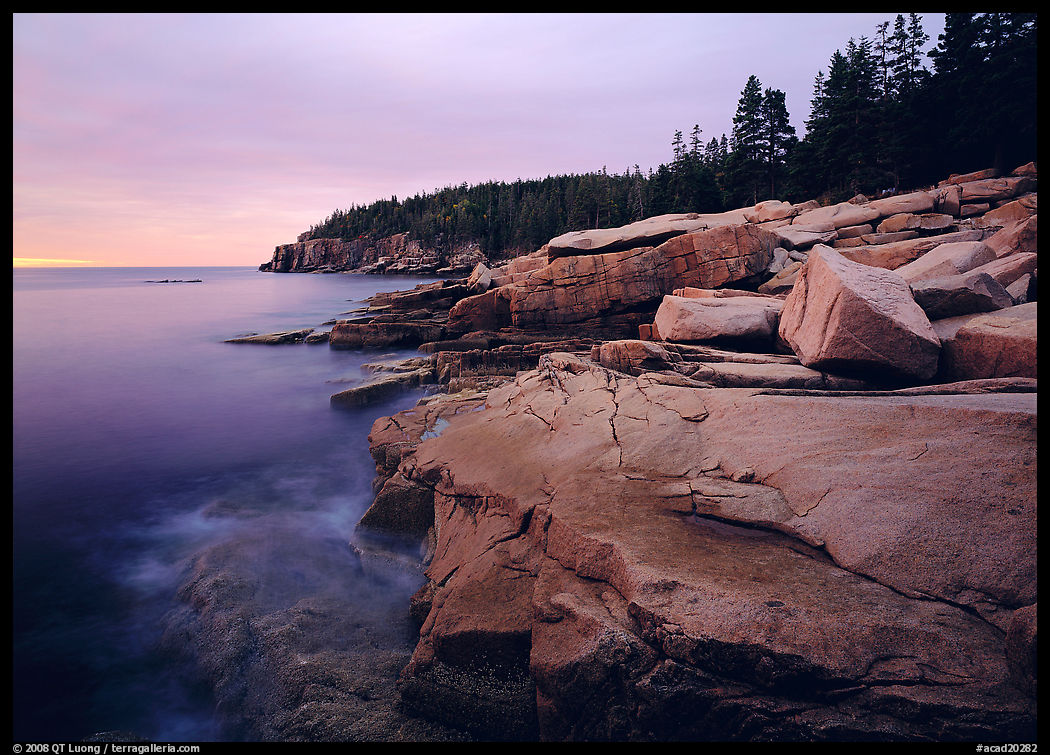 Coastline with granite slabs near Otter Point, sunrise. Acadia National Park, Maine, USA.