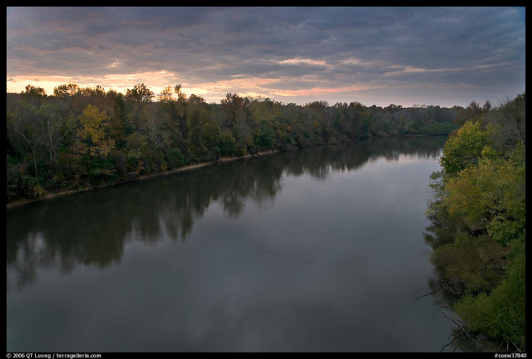 Congaree River under storm clouds at sunset. Congaree National Park