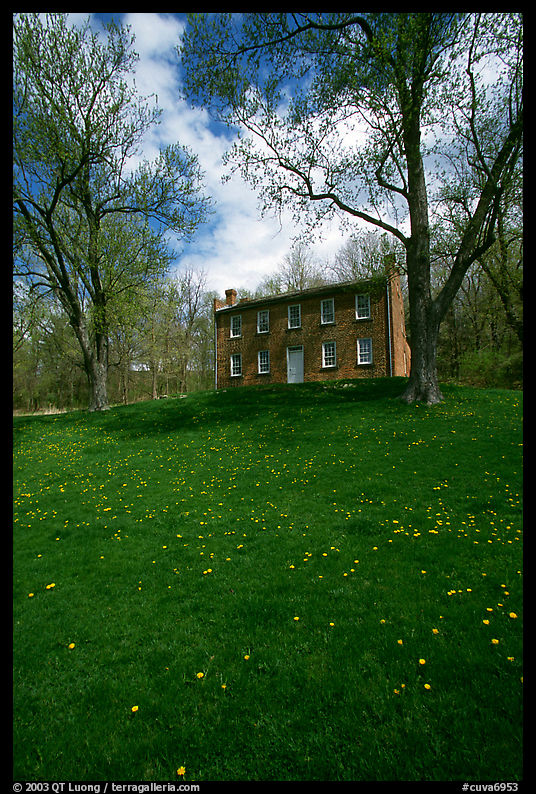 Frazee house with spring wildflowers. Cuyahoga Valley National Park, Ohio, USA.