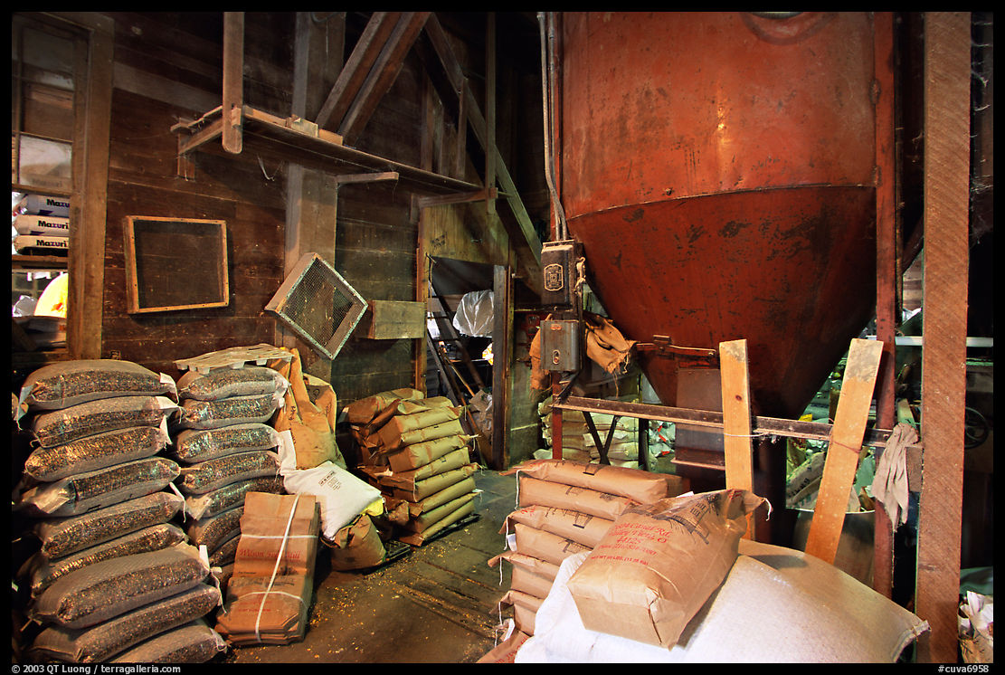 Grain distributor and bags of  seeds in Wilson feed mill. Cuyahoga Valley National Park, Ohio, USA.