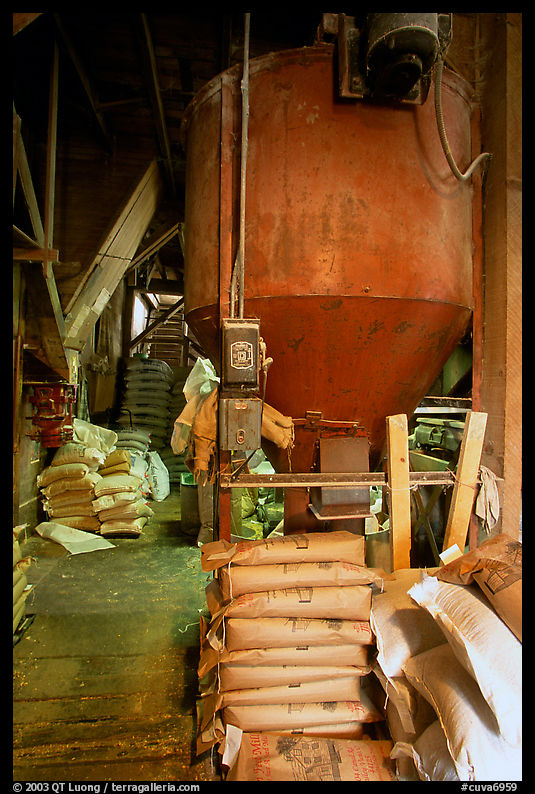 Distributor and bags of bird seeds in Wilson feed mill. Cuyahoga Valley National Park, Ohio, USA.