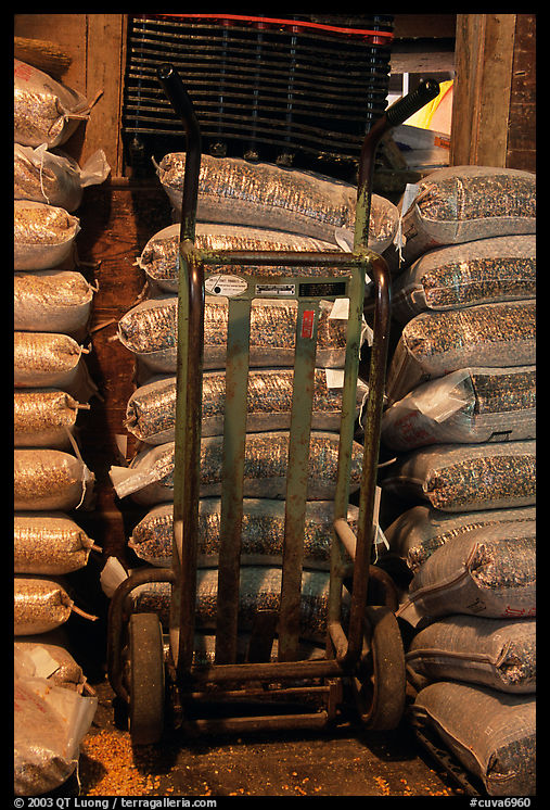 Bags of bird seeds in Wilson feed mill. Cuyahoga Valley National Park, Ohio, USA.