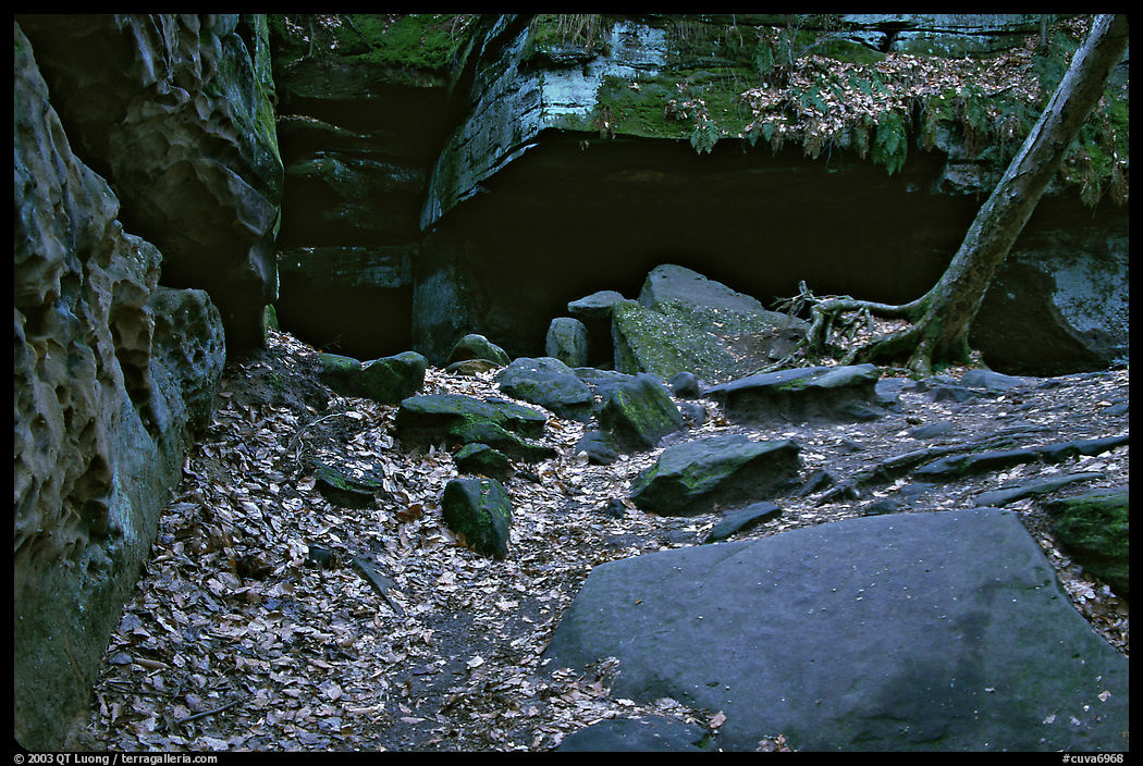 Ice box cave in a cliff at The Ledges. Cuyahoga Valley National Park, Ohio, USA.