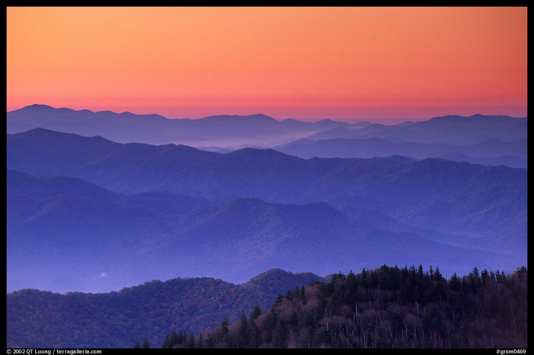 Blue ridges and orange dawn glow from Clingman's dome, North Carolina. Great Smoky Mountains National Park, USA.