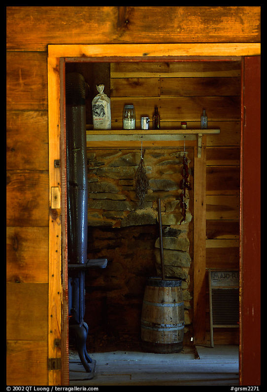 Room seen through doorway inside cabin, Cades Cove, Tennessee. Great Smoky Mountains National Park, USA.