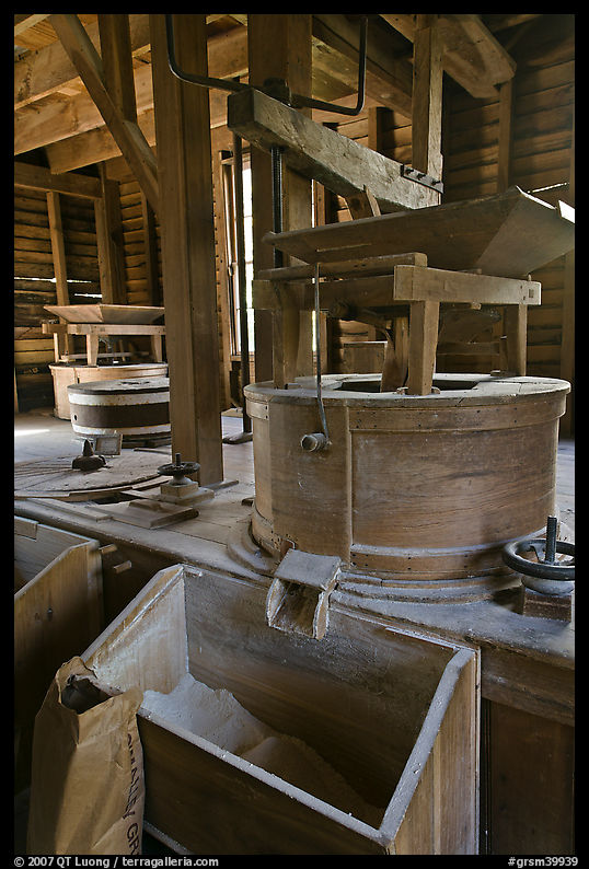 Turbine-powered grist stones inside Mingus Mill, North Carolina. Great Smoky Mountains National Park, USA.