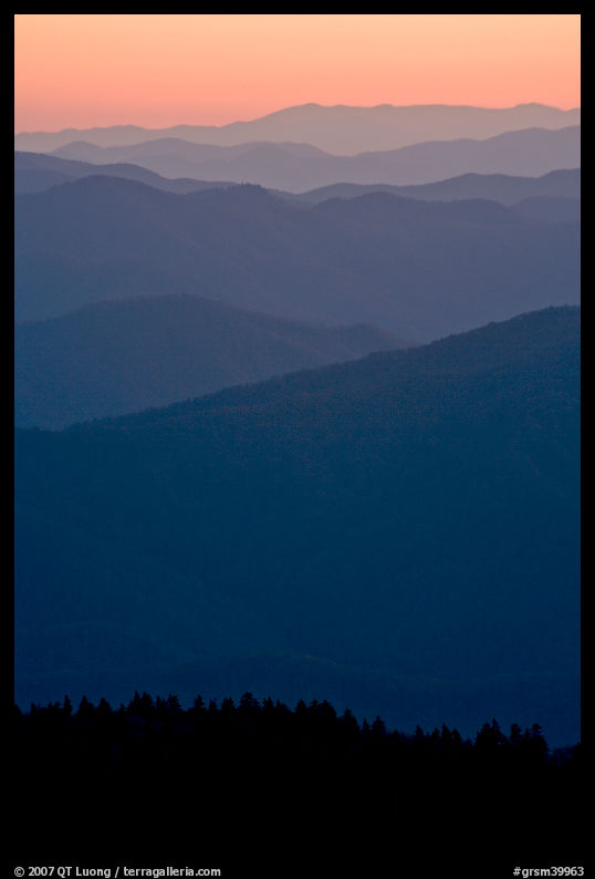 Mountain ridges seen seen from Clingman Dome and sunrise glow, North Carolina. Great Smoky Mountains National Park, USA.