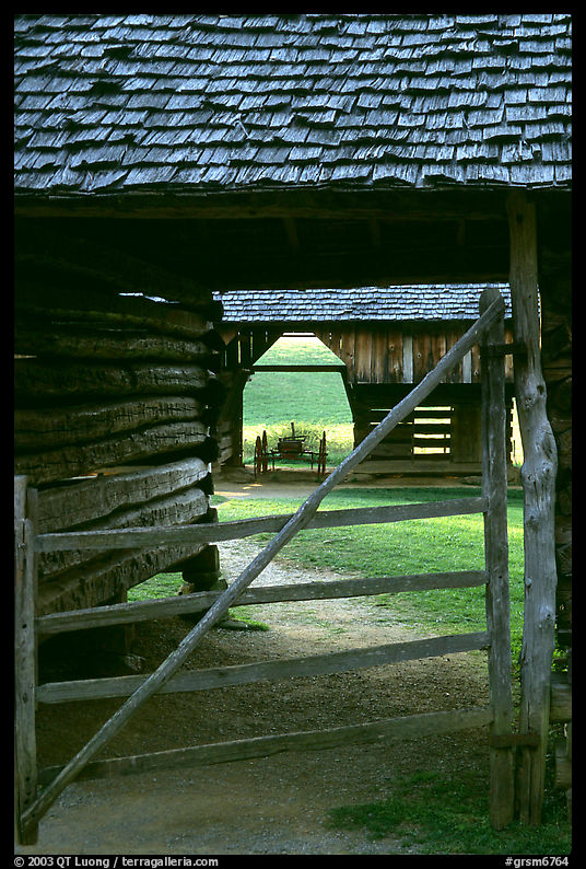 Barn seen through another barn, Cades Cove, Tennessee. Great Smoky Mountains National Park, USA.