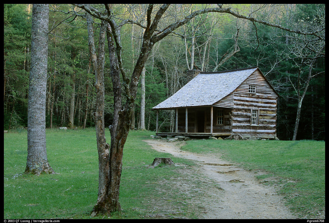 Path leading to historic abin, Cades Cove, Tennessee. Great Smoky Mountains National Park, USA.