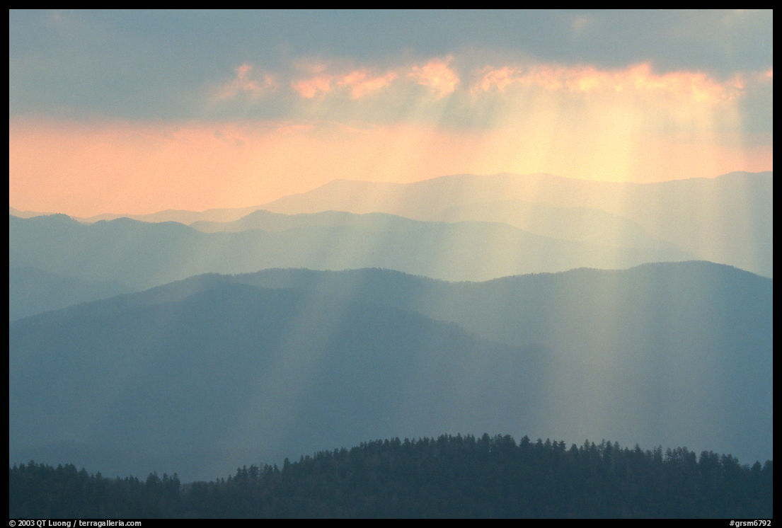 God's rays and ridges from Clingmans Dome, early morning, North Carolina. Great Smoky Mountains National Park, USA.
