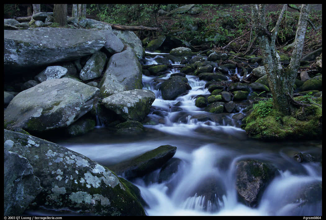 Roaring Fork River Cascades and boulders, Tennessee. Great Smoky Mountains National Park, USA.