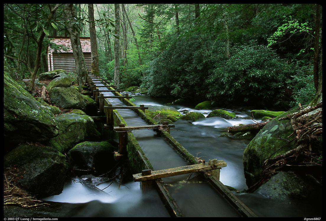Flume carrying water to Reagan's mill next to Roaring Fork River, Tennessee. Great Smoky Mountains National Park, USA.