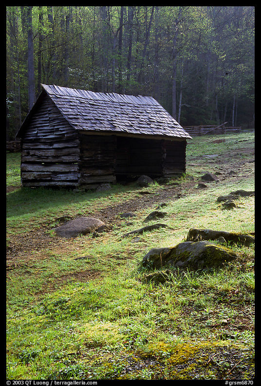 Cabin at Jim Bales place, early morning, Tennessee. Great Smoky Mountains National Park, USA.