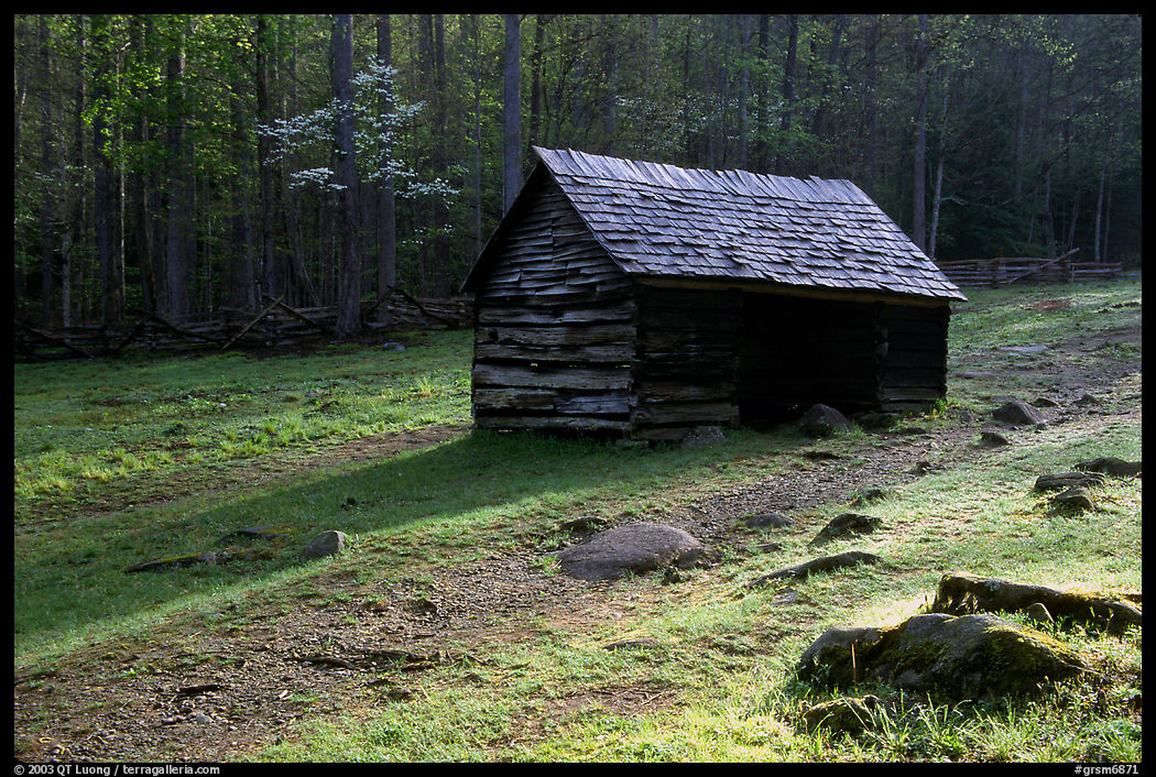 Jim Bales log Cabin in meadow, early morning, Tennessee. Great Smoky Mountains National Park, USA.