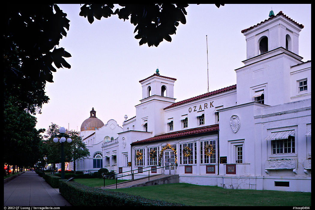 Ozark bathhouse on historic Bathhouse row at dusk. Hot Springs  National Park, Arkansas, USA.