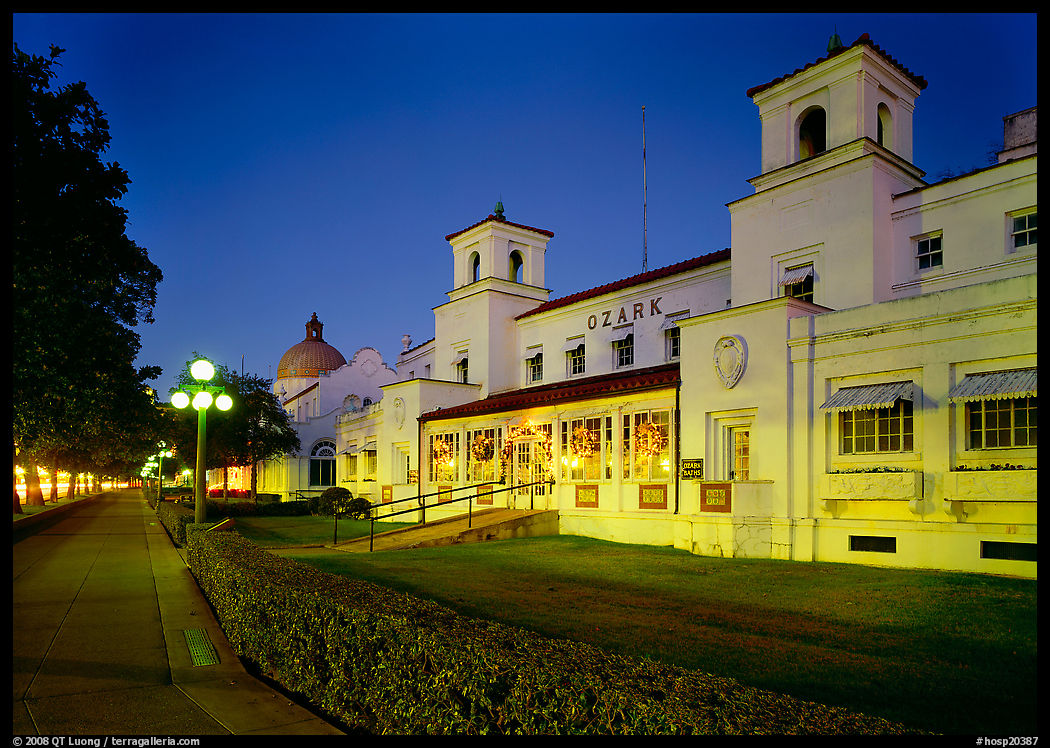 Ozark Bath and Bathhouse row at night. Hot Springs  National Park, Arkansas, USA.
