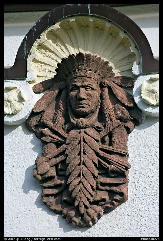 Bas relief depicting Indian chief on Quapaw Baths facade. Hot Springs  National Park, Arkansas, USA.