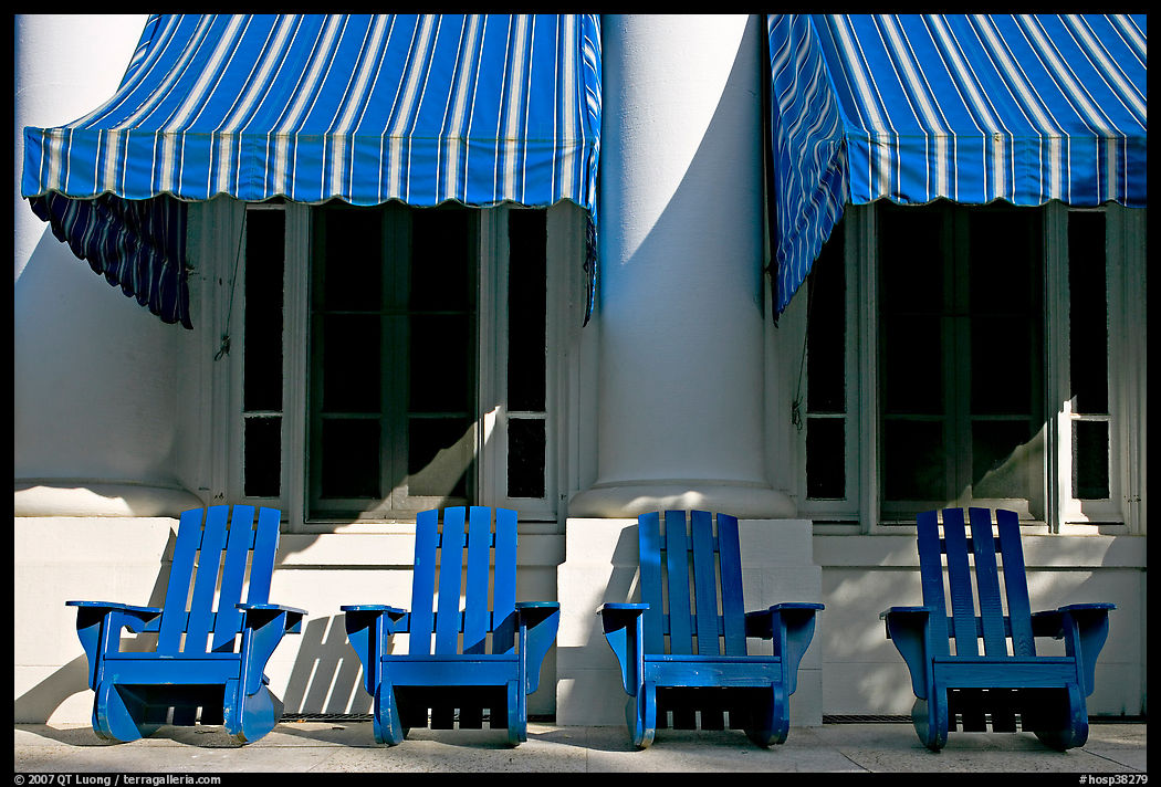 Blue chairs, windows, and shades, Buckstaff Baths. Hot Springs  National Park, Arkansas, USA.