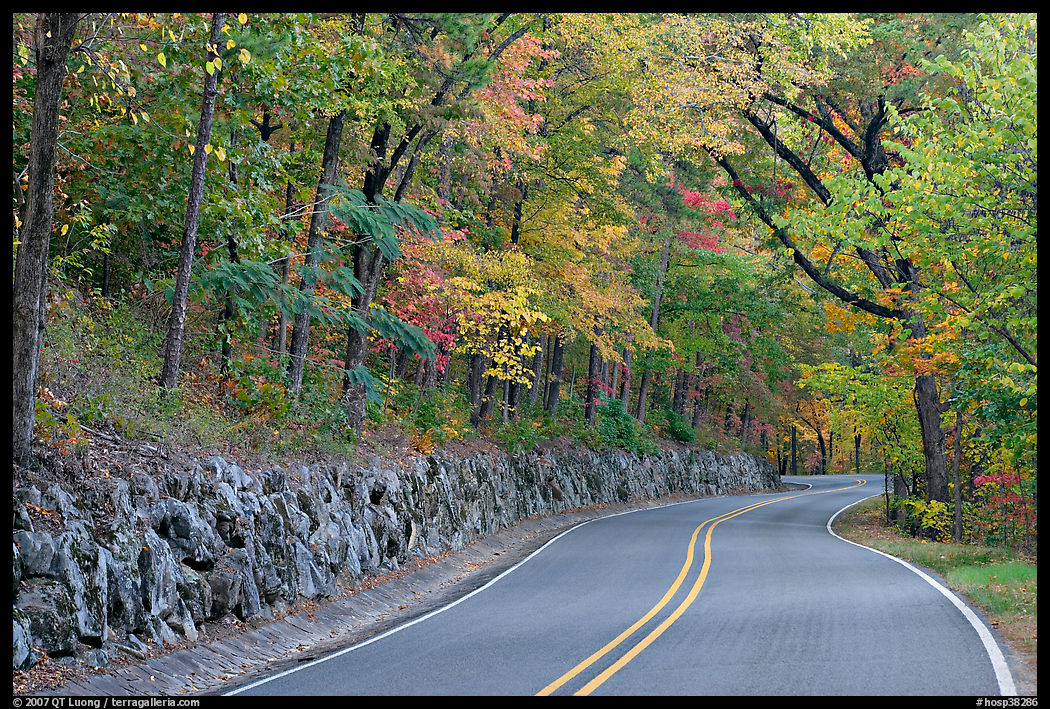 Rood, stone wall, fall colors, West Mountain. Hot Springs  National Park, Arkansas, USA.