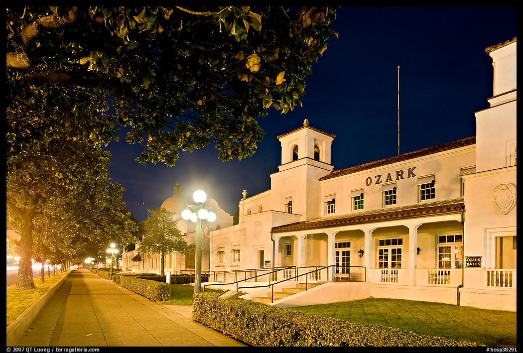 Ozark Baths and Bathhouse Row at night. Hot Springs  National Park, Arkansas, USA.