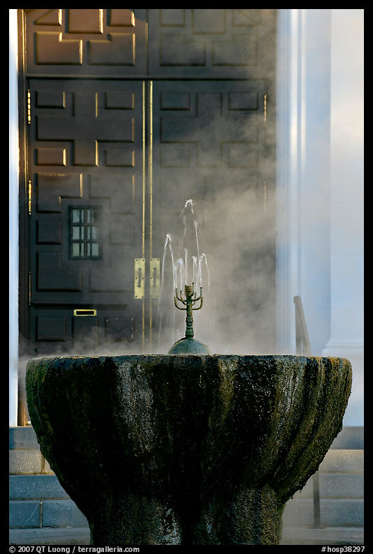 Fountain with thermal steam outside Park Visitor Center. Hot Springs  National Park, Arkansas, USA.