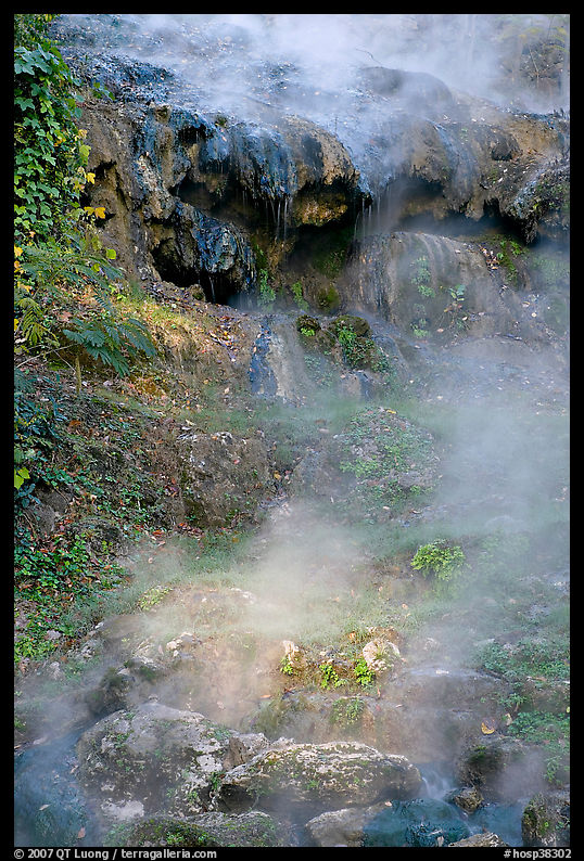 Steam rising from hot water cascade. Hot Springs  National Park, Arkansas, USA.