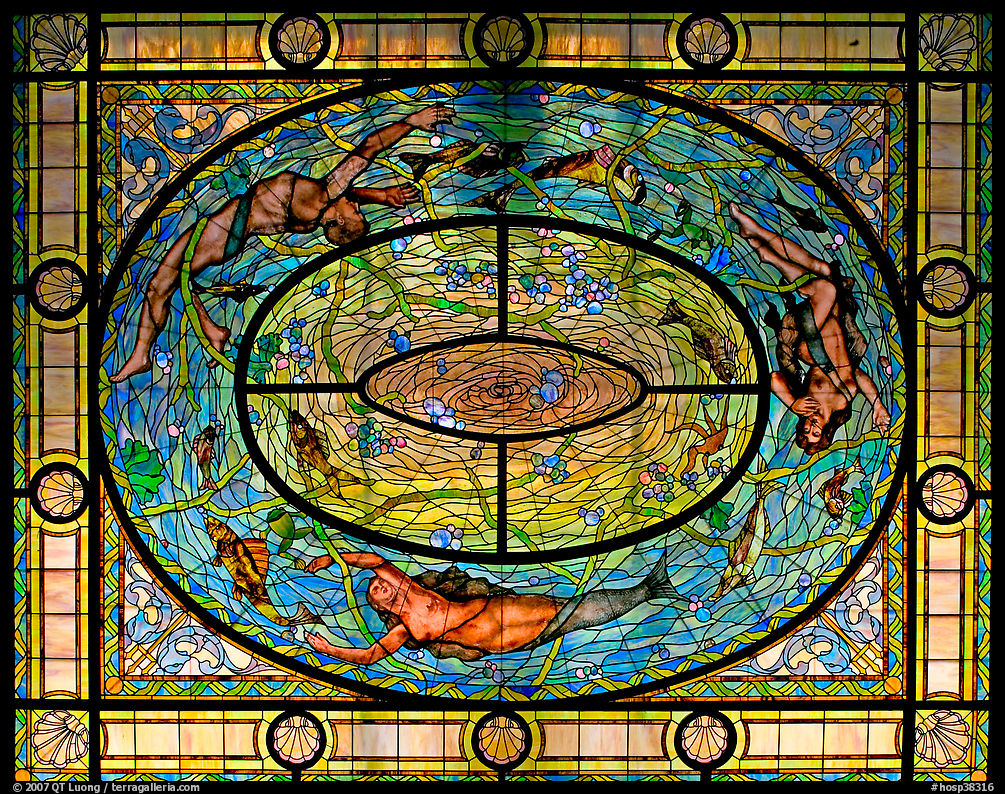 Stained glass on ceiling of men's room. Hot Springs  National Park, Arkansas, USA.