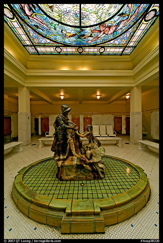 Statue of Desoto receiving gift from Caddo Indian maiden in mens bath hall. Hot Springs  National Park, Arkansas, USA.