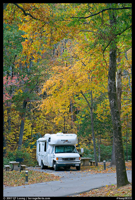 RV in campground with fall colors. Hot Springs  National Park, Arkansas, USA.