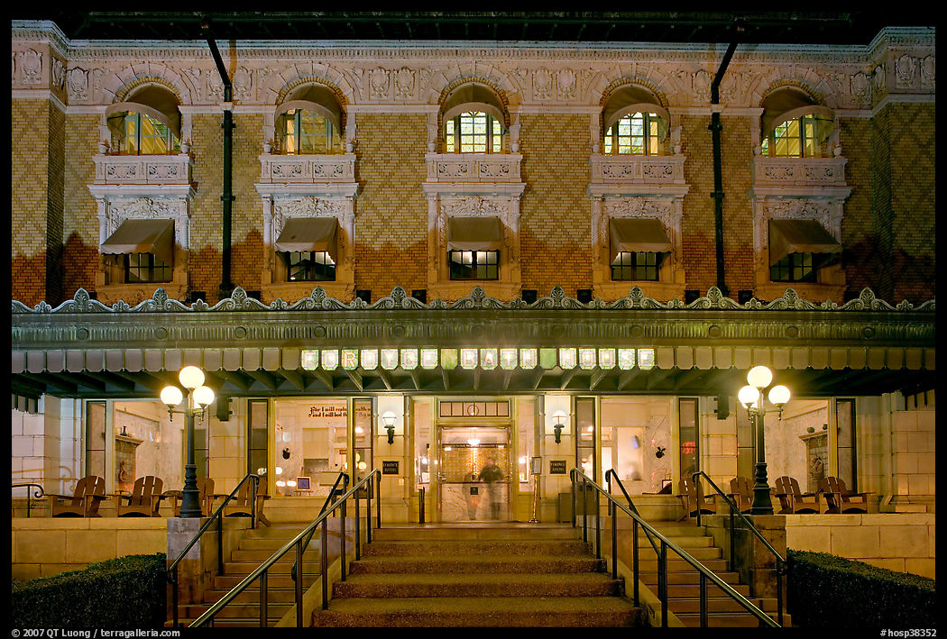 Fordyce Bathhouse facade at night. Hot Springs  National Park, Arkansas, USA.