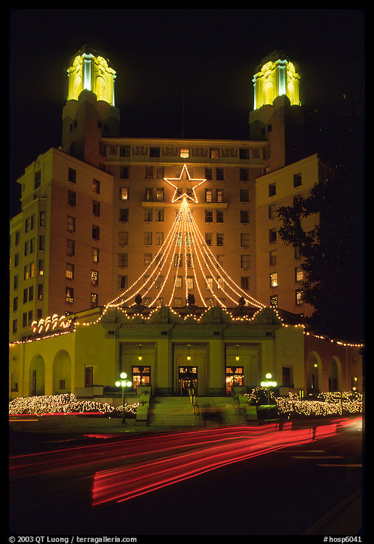 Majestic Hotel at night with Christmas lights. Hot Springs, Arkansas, USA