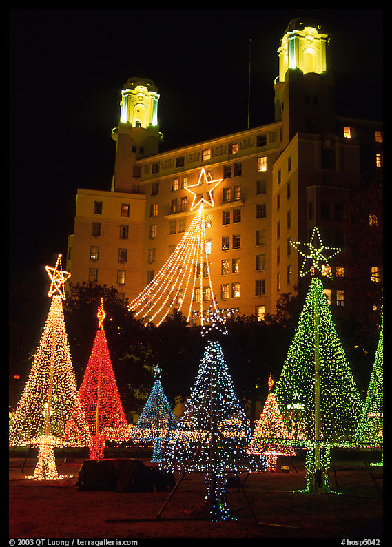 Christmas lights and  Majestic Hotel. Hot Springs, Arkansas, USA
