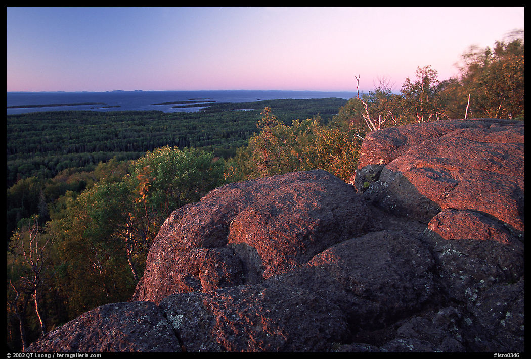 Eroded granite blocs on Mount Franklin at sunset. Isle Royale National Park, Michigan, USA.