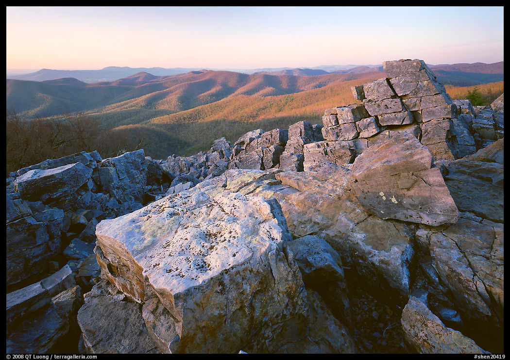 Pile of rectangular shape rocks on Black Rock summit, late afternoon. Shenandoah National Park, Virginia, USA.