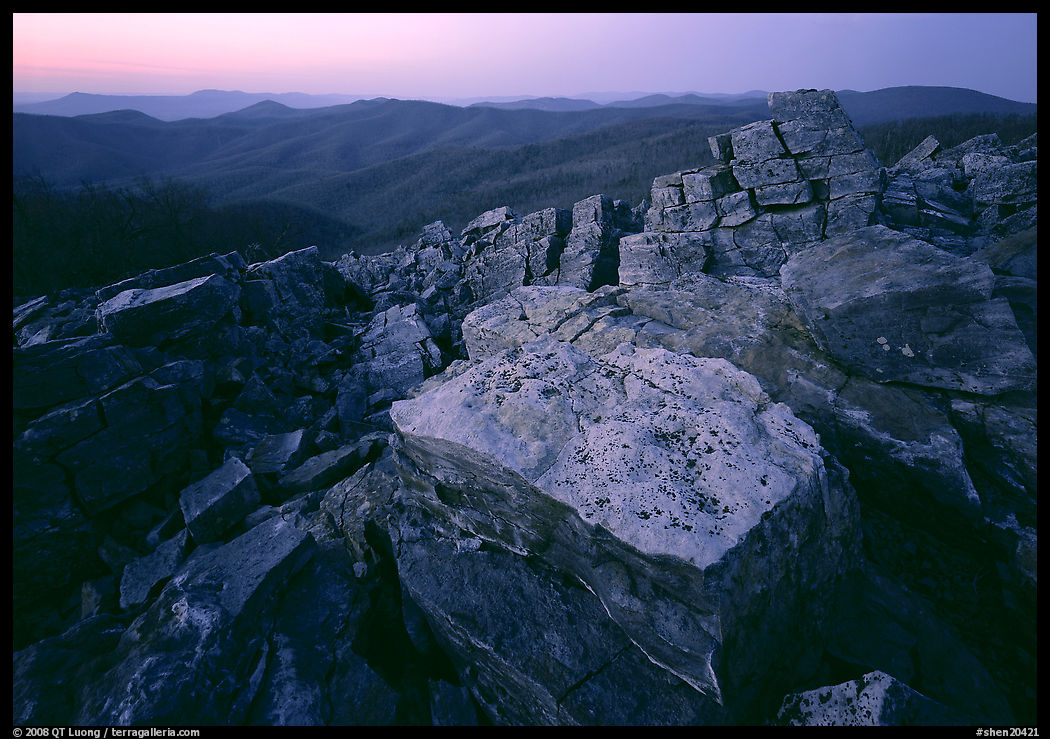 Rock slabs, Black Rock, dusk. Shenandoah National Park, Virginia, USA.