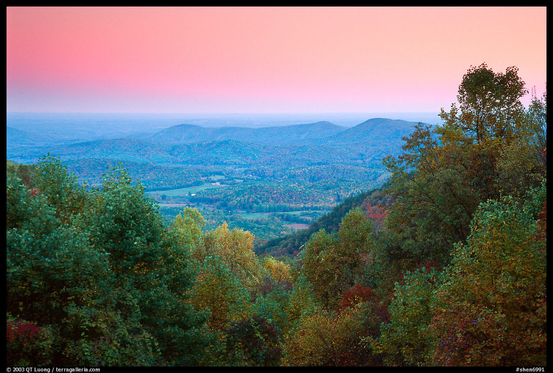 Looking west towards farmlands at sunset. Shenandoah National Park, Virginia, USA.