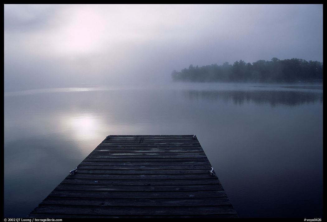 Dock and morning fog, Kabetogama lake near Woodenfrog. Voyageurs National Park, Minnesota, USA.