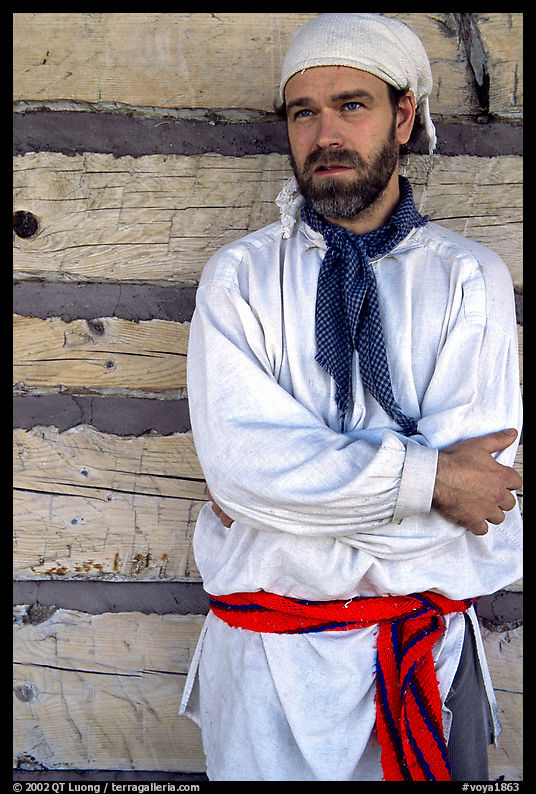 Park staff wearing white period outfit similar to that worn by  Voyageurs. Voyageurs National Park, Minnesota, USA.