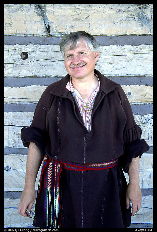 Park staff member wearing  outfit similar to that worn by the Voyageurs. Voyageurs National Park, Minnesota, USA.
