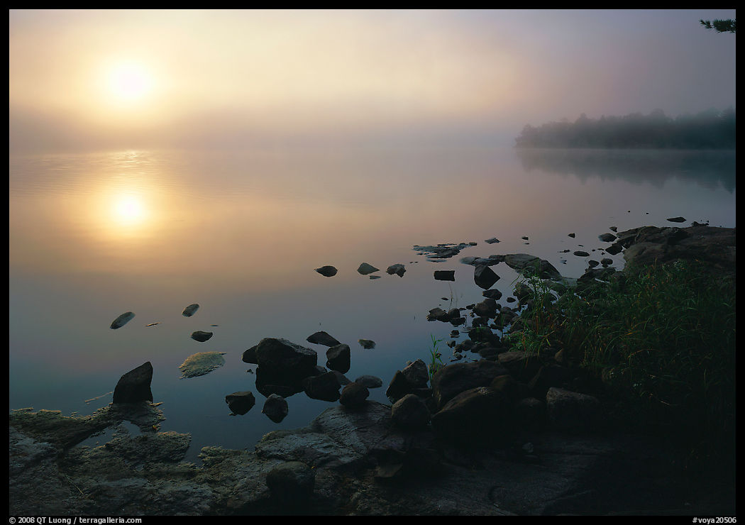 Sunrise and morning fog, Kabetogama lake near Woodenfrog. Voyageurs National Park, Minnesota, USA.