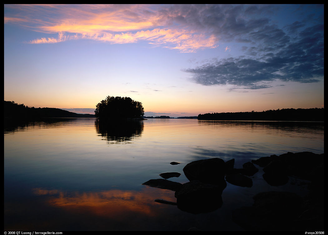 Kabetogama lake sunset with tree-covered islet. Voyageurs National Park, Minnesota, USA.
