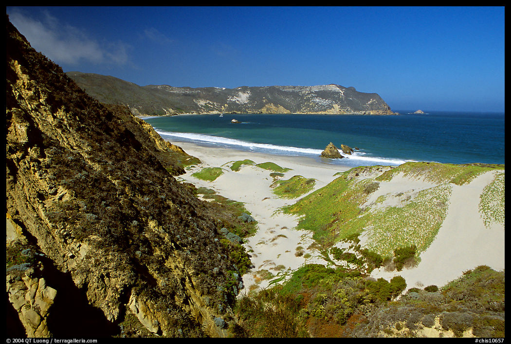 Dunes and Cuyler Harbor, mid-day, San Miguel Island. Channel Islands National Park, California, USA.