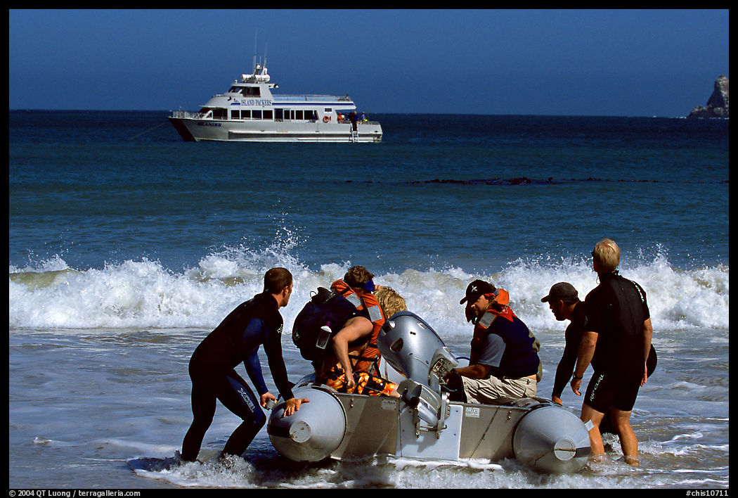 Skiff readied for crossing  surf, Cuyler harbor, San Miguel Island. Channel Islands National Park, California, USA.