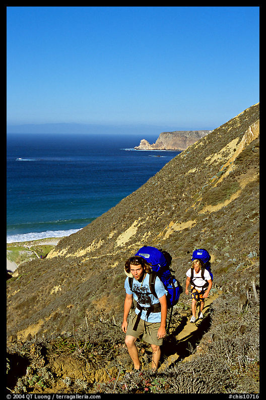 Backpackers in Nidever canyon , San Miguel Island. Channel Islands National Park, California, USA.