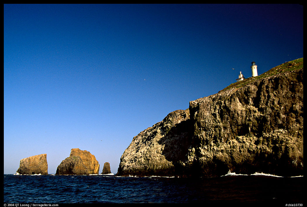 Cliffs and lighthouse, East Anacapa Island. Channel Islands National Park, California, USA.