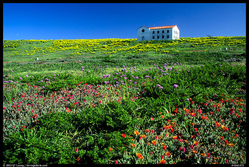 Water storage building with church-like facade, Anacapa. Channel Islands National Park, California, USA.