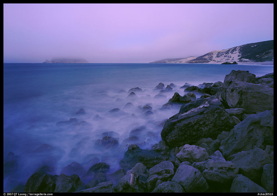 Prince Island and Cuyler Harbor with fog, dusk, San Miguel Island. Channel Islands National Park, California, USA.