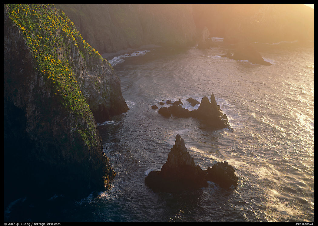 Cliffs and pointed rocks, Cathedral Cove, late afternoon, Anacapa Island. Channel Islands National Park, California, USA.