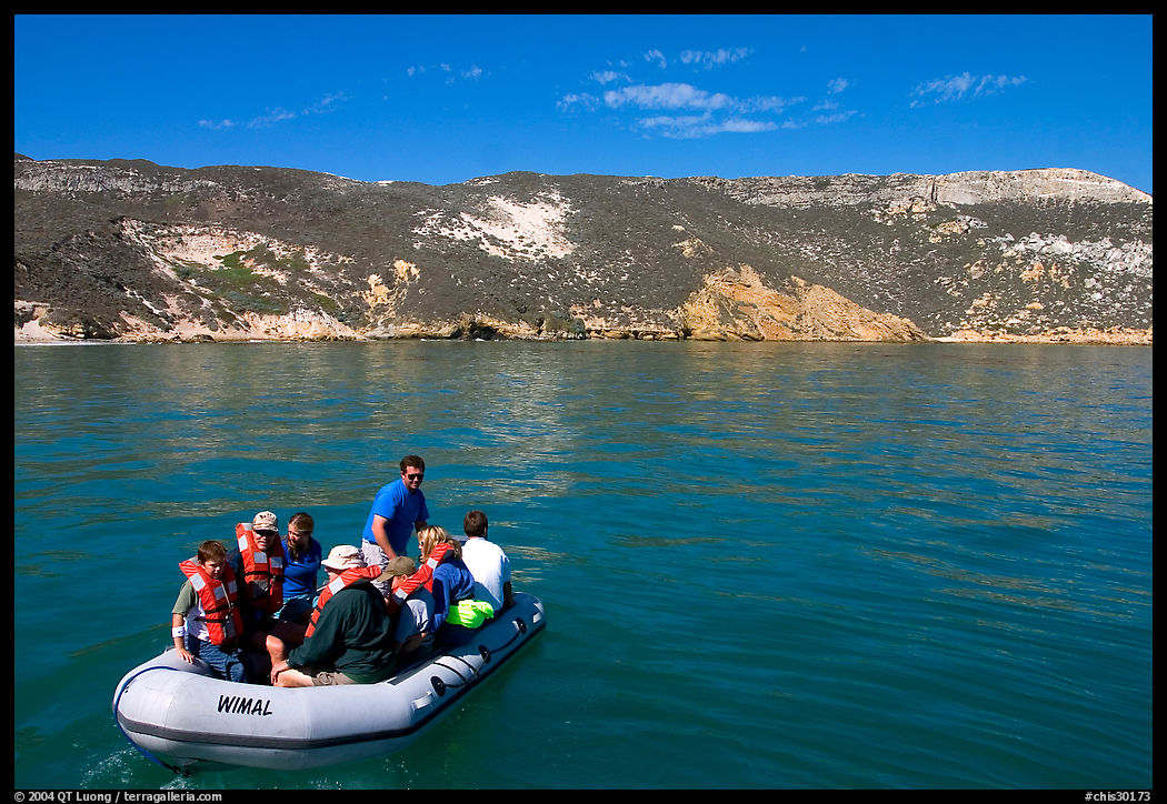 Campers using a skiff to land, San Miguel Island. Channel Islands National Park, California, USA.