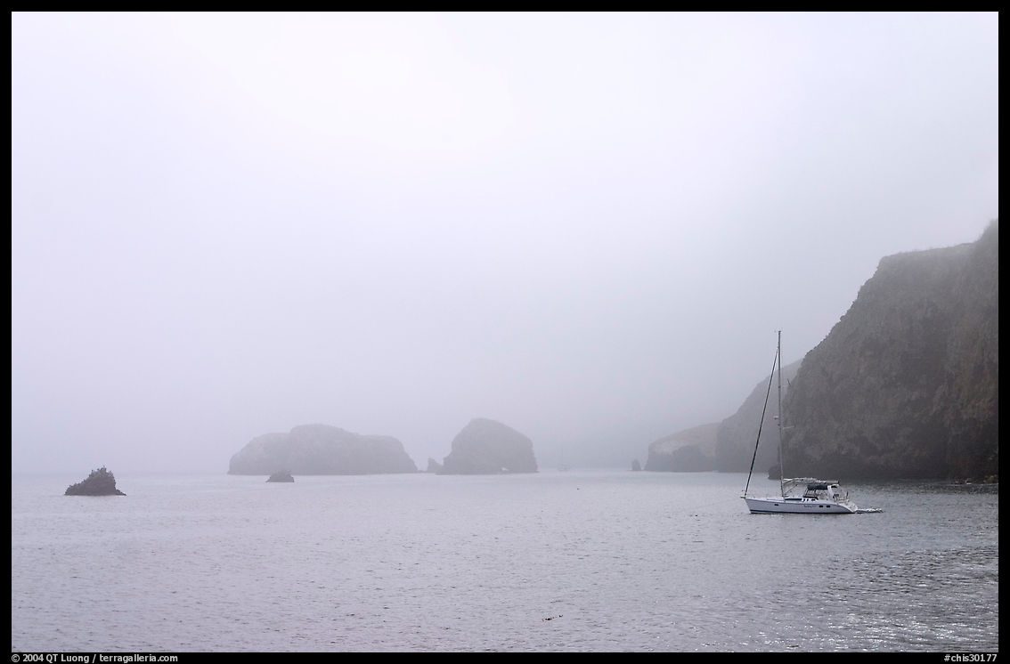 Yacht moored in Scorpion's Anchorage in  fog, Santa Cruz Island. Channel Islands National Park, California, USA.